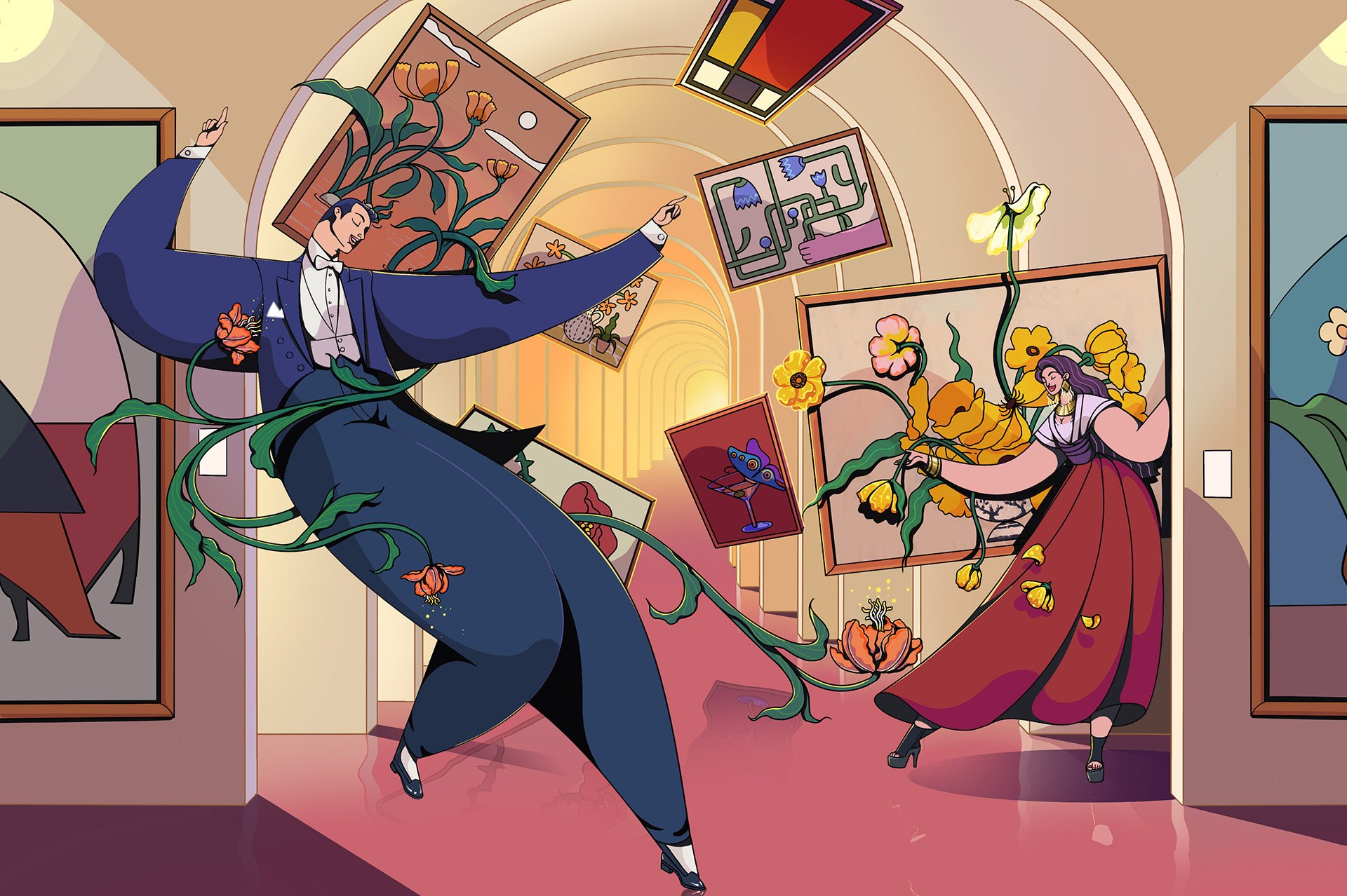 Two dancers in evening dress waltz through a vaulted gallery as framed paintings float and burst into flowers